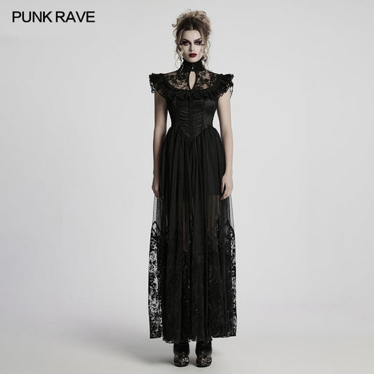 Romantic corset-style bodice of the Punk Rave Seraphina Goth Flying Sleeve Dress showcasing lace ruffle trim with luxurious rose and pearl embellishments.