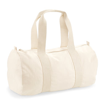 Spacious 20L Luxury Organic Cotton Barrel Bag in elegant design, featuring webbing carry handles and Control Union certified cotton, perfect for eco-conscious fashion.