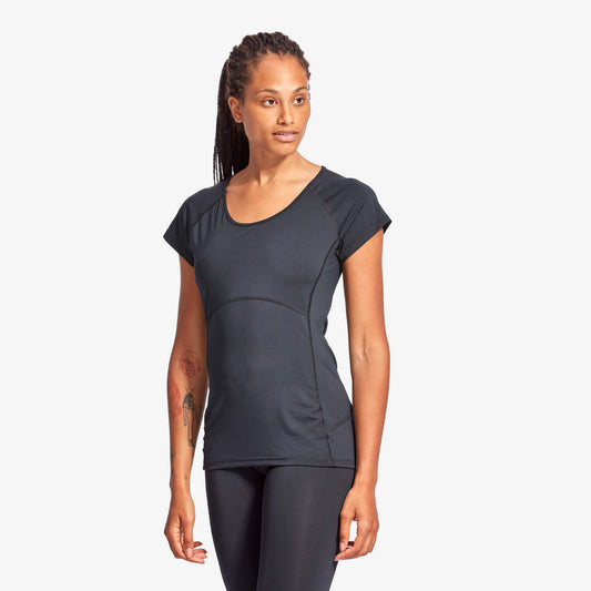 KYMIRA elegant women's infrared performance cap sleeve top in a stylish black design, tailored for a slim fit, ideal for both recovery and athletic performance.