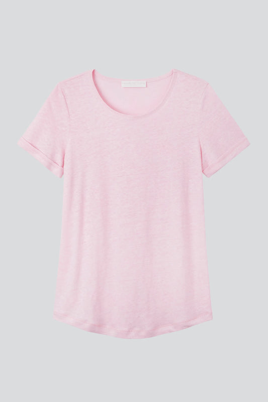 Breathable and lightweight women's linen t-shirt, elegantly styled for warm weather.