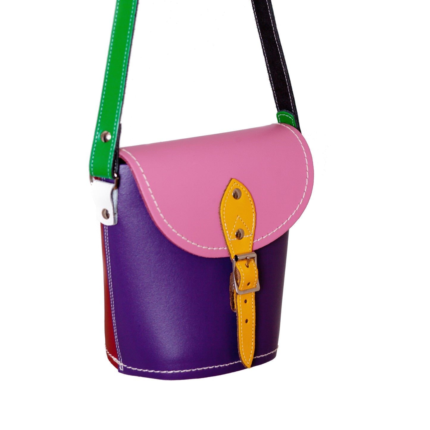 Handmade Multicoloured Leather Barrel Bag by Zatchels showcasing a kaleidoscope of vibrant colours including Pastel Pink, Daffodil Yellow, and Classic Green, featuring luxurious craftsmanship and an adjustable strap for versatile styling.