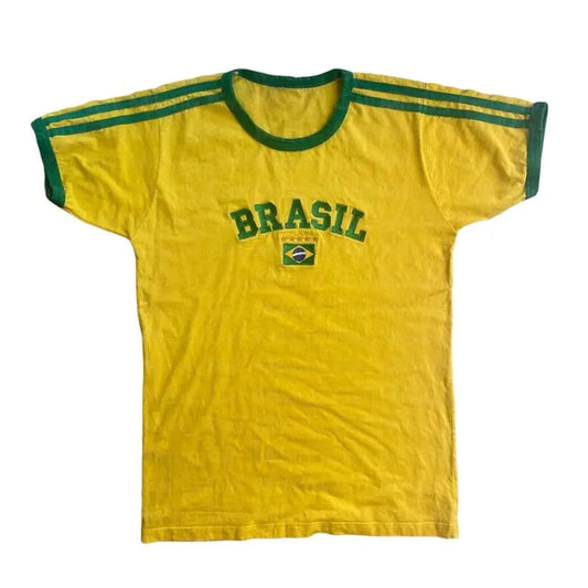 Luxury Women's Embroidered Brasil Soccer Football Tee, vintage yellow with green details, showcasing an eye-catching Brasil embroidery, perfect for casual elegance.