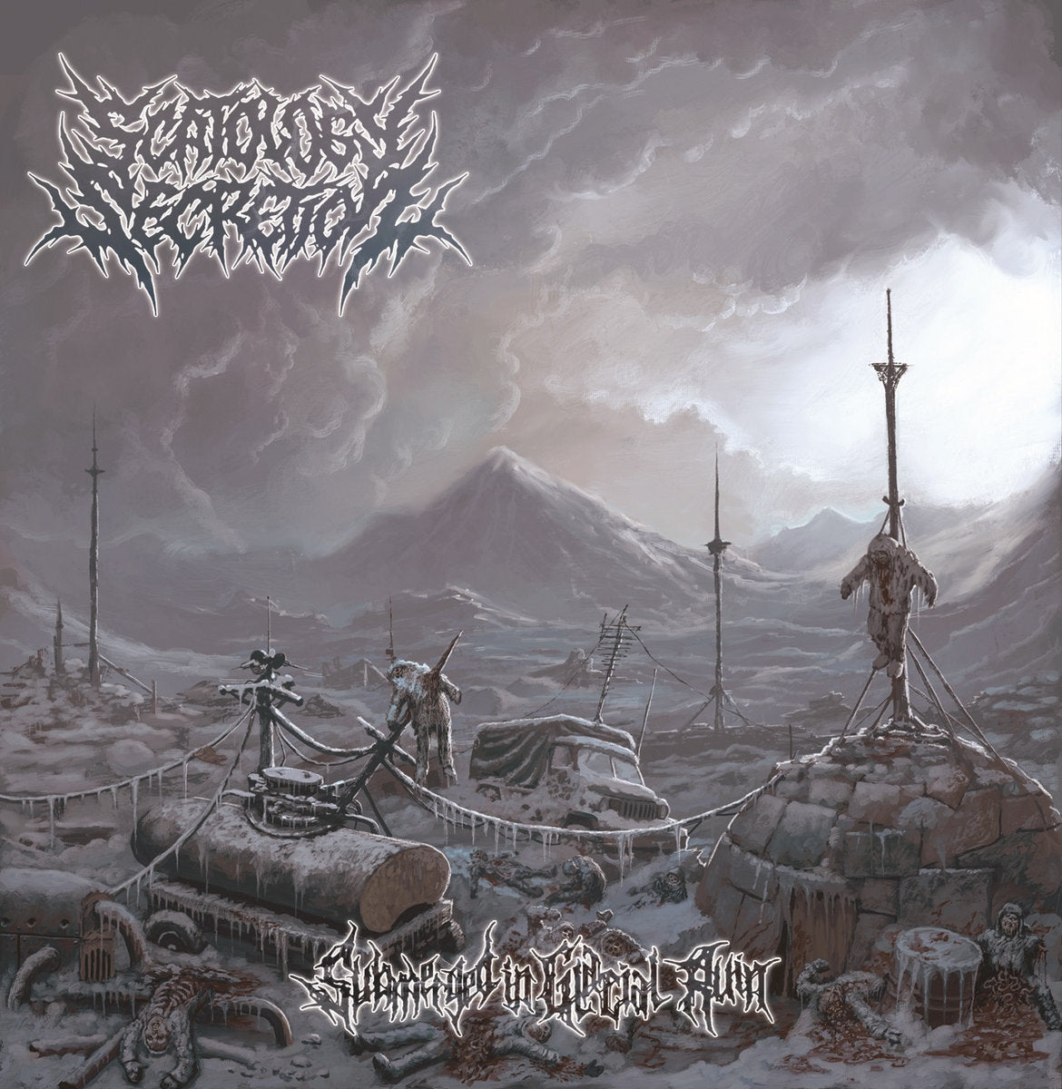 Scatology Secretion - Submerged in Glacial Ruin CD artwork by Rancid Offal Records, featuring an intricate design emblematic of Death Metal genre, released in 2020. Perfect for collectors of unique music memorabilia.