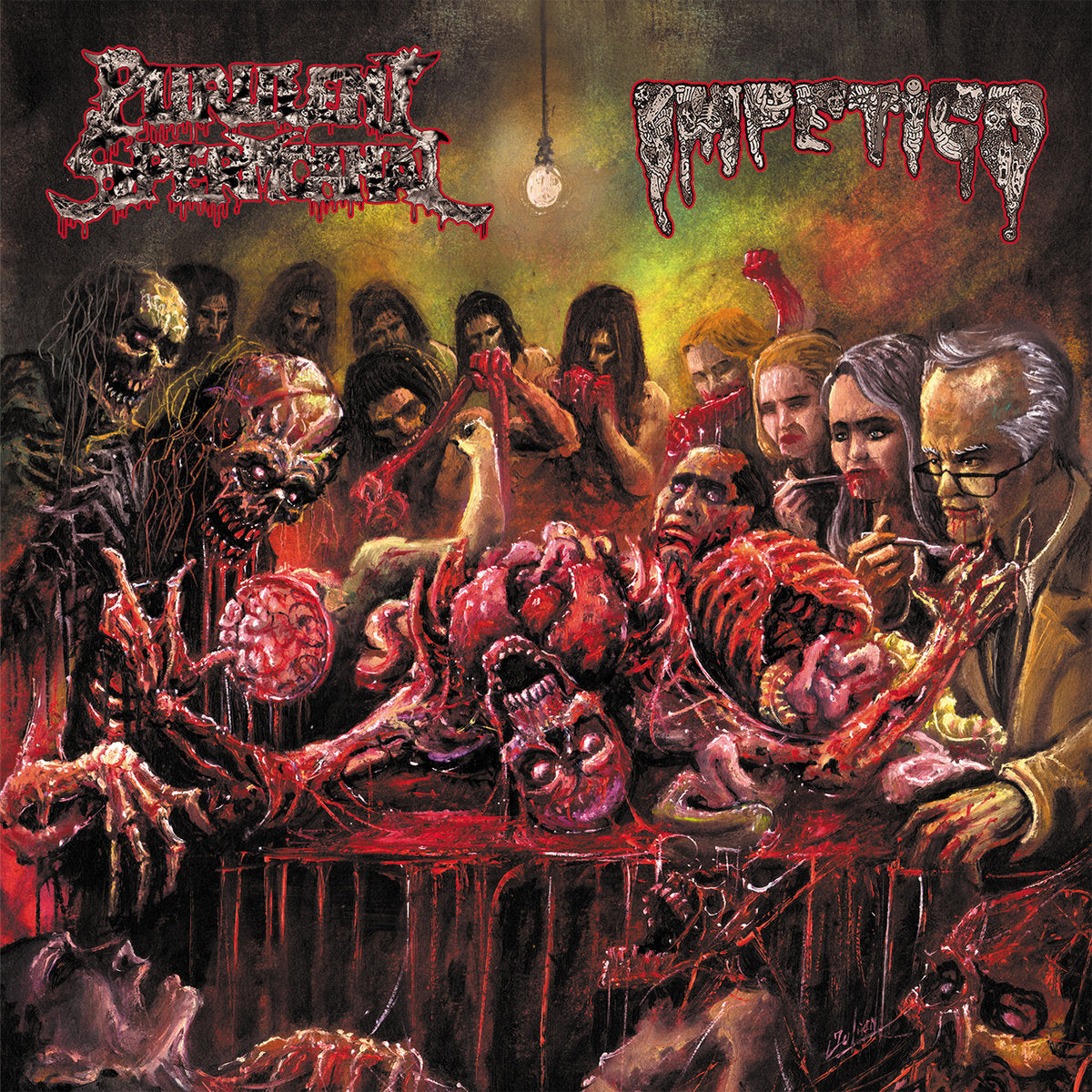 Officially licensed Split CD featuring Purulent Spermcanal and Cannibe, released by Rancid Offal Records, showcasing the goregrind genre with striking artwork.