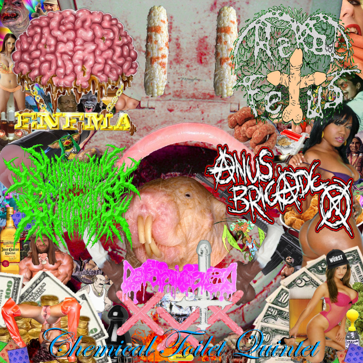 Official merchandise from Rancid Offal Records featuring the album 'Chemical Toilet Quintet' by the Goregrind artists Cerebral Enema, Rektal Detus, Anus Brigade, and Defornicated.