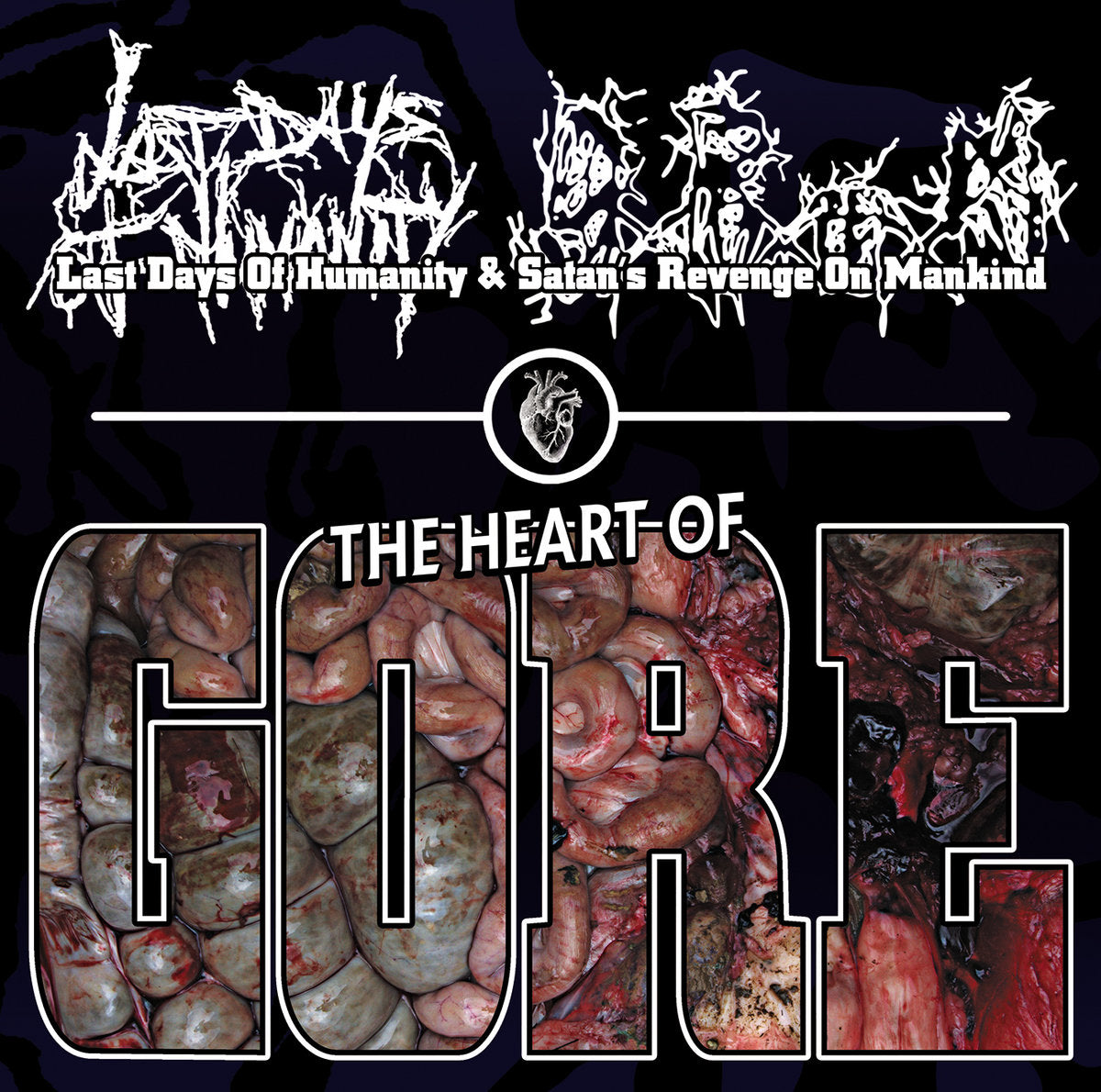The Heart Of Gore CD by Last Days Of Humanity and Satan’s Revenge On Mankind, officially licensed through Rancid Offal Records, showcasing intricate gore-themed artwork and an aesthetic indicative of the Goregrind genre.