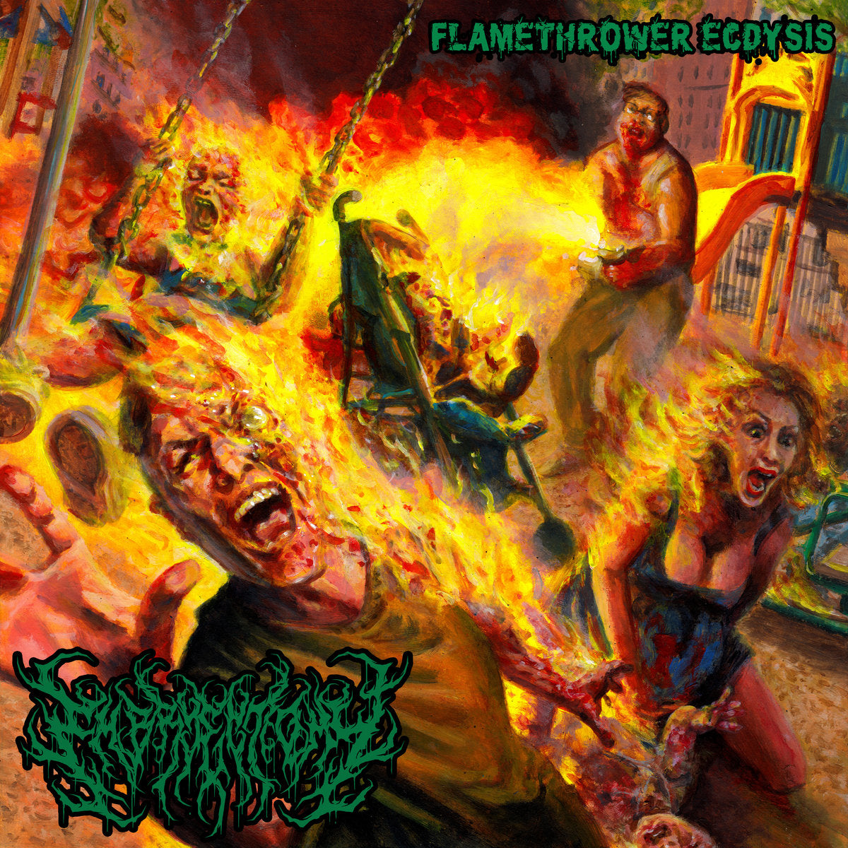 Embryectomy - Flamethrower Ecdysis CD cover art by Rancid Offal Records, showcasing the intricate blend of death metal aesthetics and dark themes.