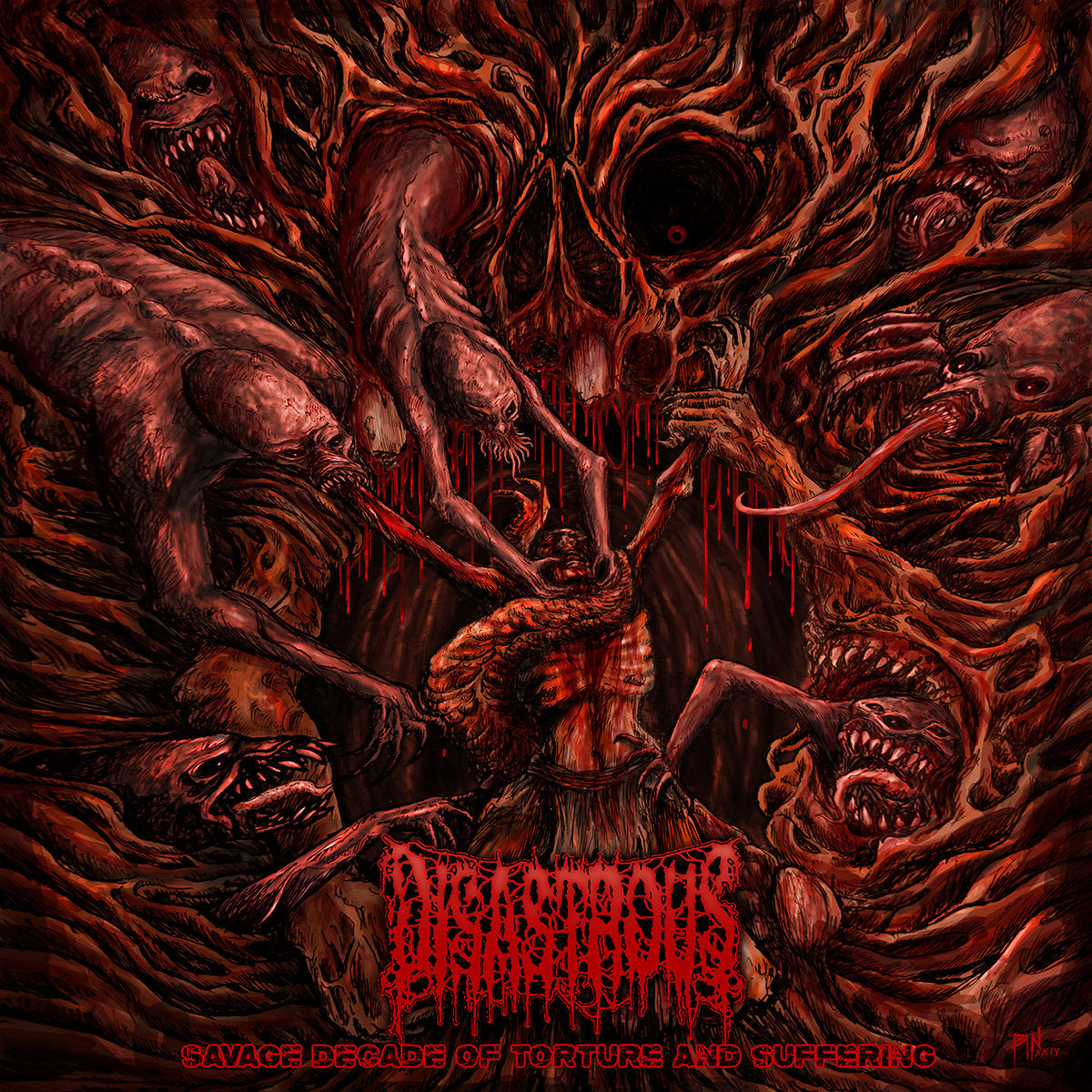 Officially licensed CD cover of 'Disastrous - Savage Decade of Torture and Suffering' compilation by Rancid Offal Records, showcasing brutal death metal artwork.