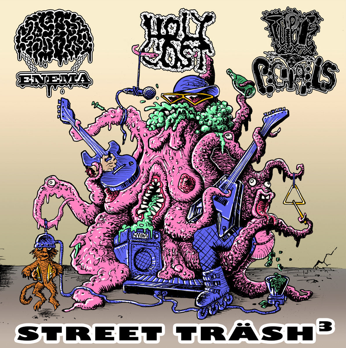 Street Träsh 3 CD featuring Holy Cost, Cerebral Enema, and Pigtails, released by Rancid Offal Records, showcasing a collection of avant-garde pornogrind music from Germany.