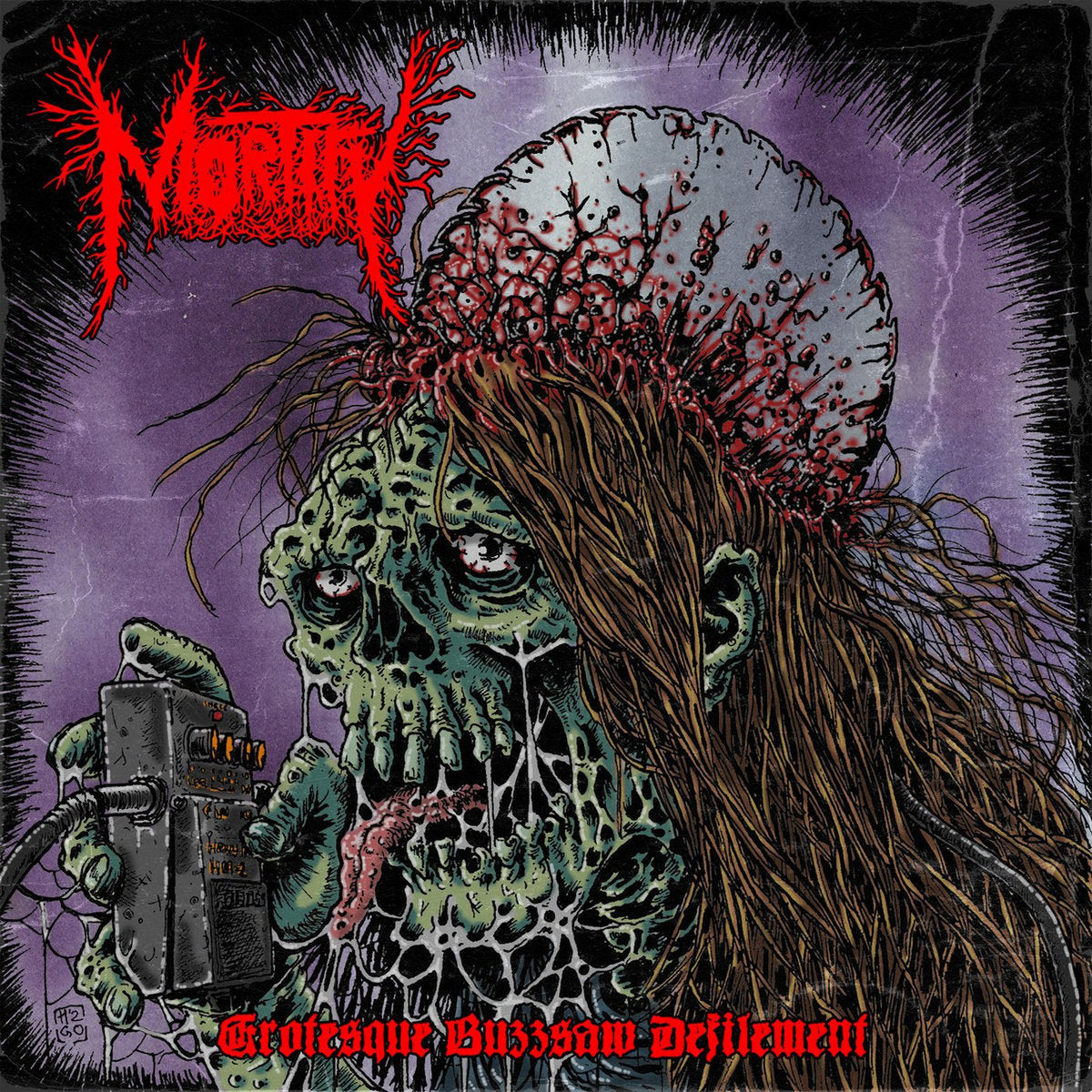 Mortify - Grotesque Buzzsaw Defilement CD cover featuring intricate artwork, a must-have for fans of grindcore music, available from Rancid Offal Records.