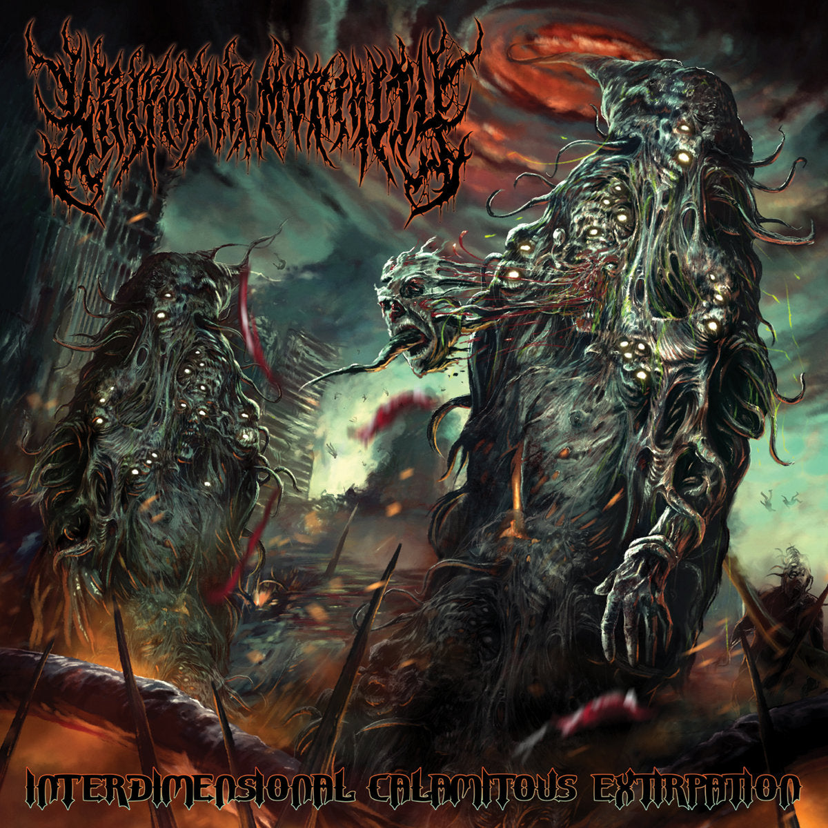 Kryptoxic Mortality's Interdimensional Calamitous Extirpation CD showcasing its striking album cover art, officially licensed by Rancid Offal Records, representing the brutal death metal genre.
