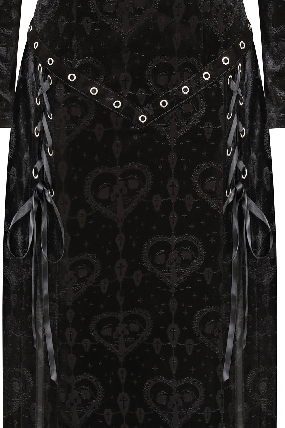 Full-length view of the Banned Amara Gothic Burnout Velvet Dress, exuding gothic glamour and femininity.