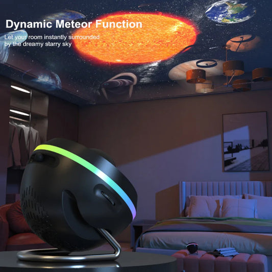 Dynamic Meteor 13 In 1 Ultra Clear Galaxy Projector Lamp demonstrating the dynamic meteor function, creating a starry sky ambiance for a luxurious bedtime setting.