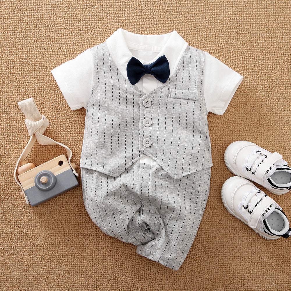 Sophisticated Gentleman Baby Boy Jumpsuit in grey, featuring a smart vest and bow tie look, ideal for fashionable infants aged 0-18 months.