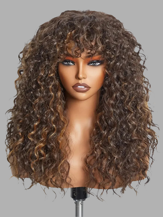 Side view of a premium water wave wig made from 100% Remy human hair, showcasing exquisite brown black highlights for an alluring hairstyle.