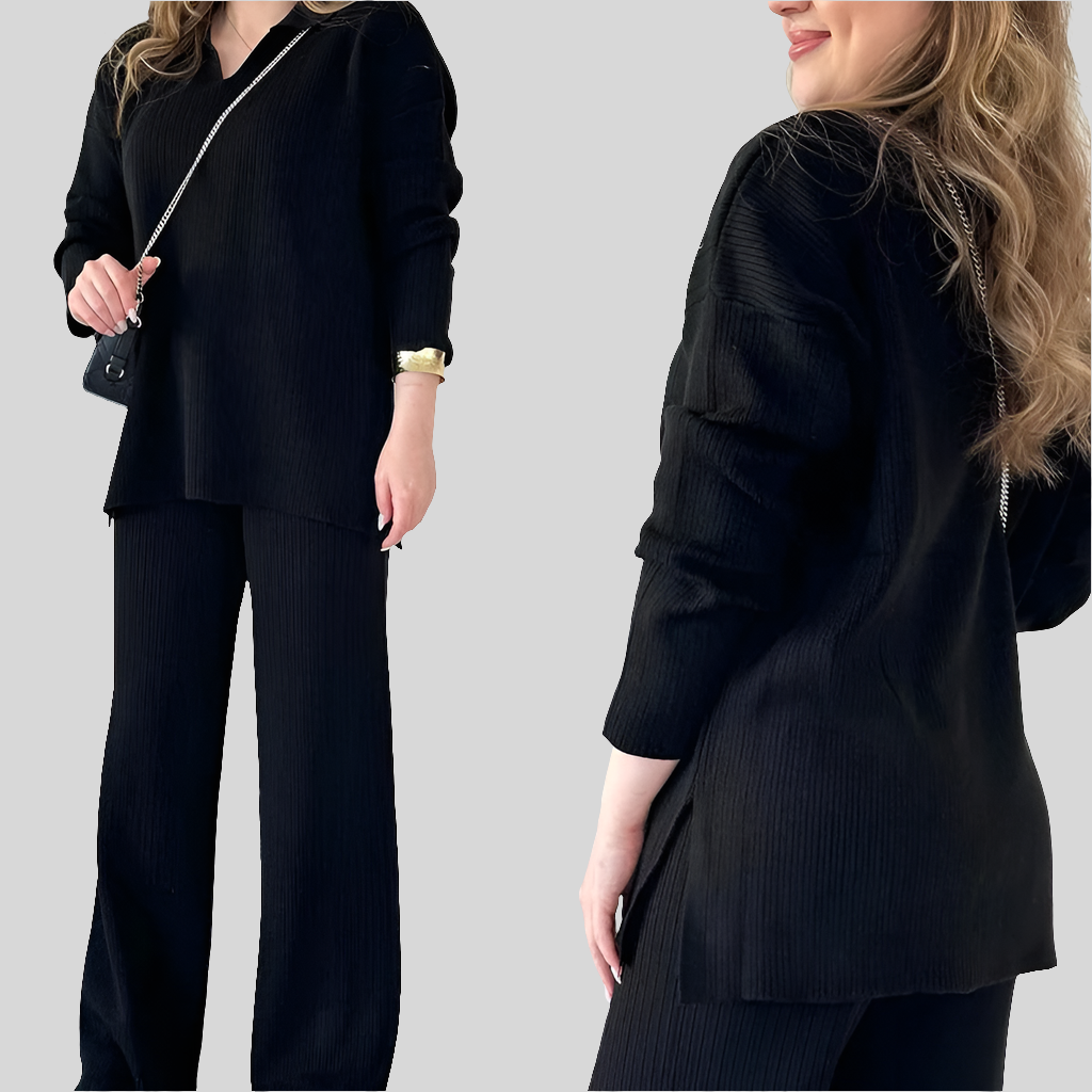 Luxurious women's oversized knitted 2-piece set featuring a solid V-neck pullover and wide-leg pants, perfect for autumn and winter casual chic outfits.