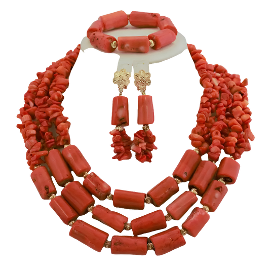 Stunning African coral earrings that complement the necklace, embodying luxury and elegance for special occasions.