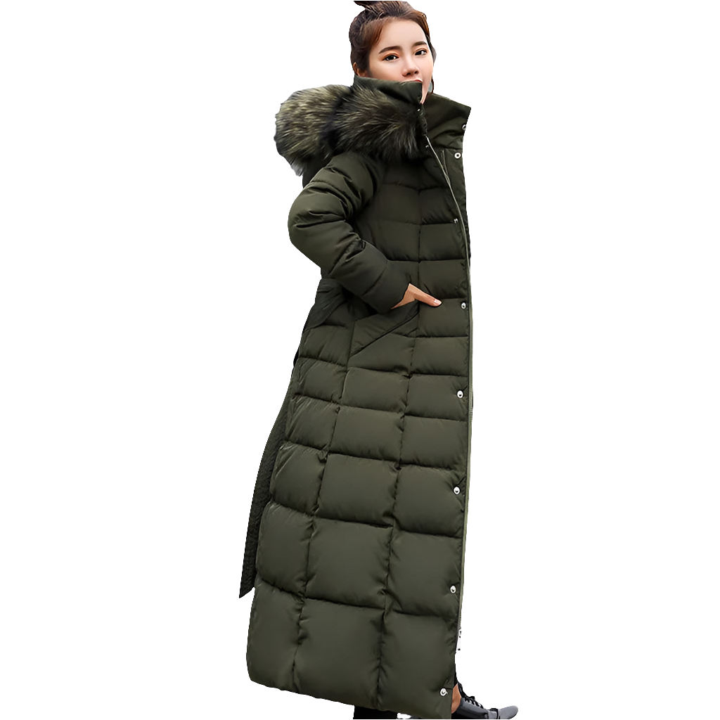 Stunning women's luxury parka jacket, featuring elegant sashes and full opening design, crafted for ultimate comfort and style in winter.