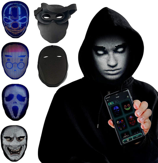 Stylish LED face masks displayed by a person, highlighting their innovative designs and Bluetooth connectivity for Halloween, perfect for enhancing festive moments in luxury.