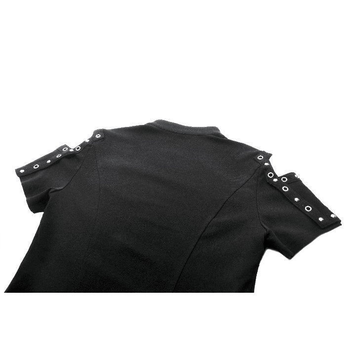 Luxury gothic fashion black lace off-shoulder top featuring a sweetheart neckline and grommet straps, designed for a bold, elegant style by Dark in Love.