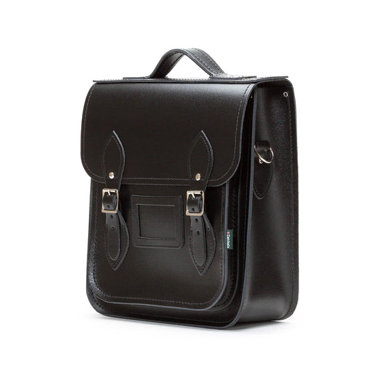 Handmade Leather City Backpack in premium black leather, showcasing its elegant design and craftsmanship, perfect for laptops and tablets.