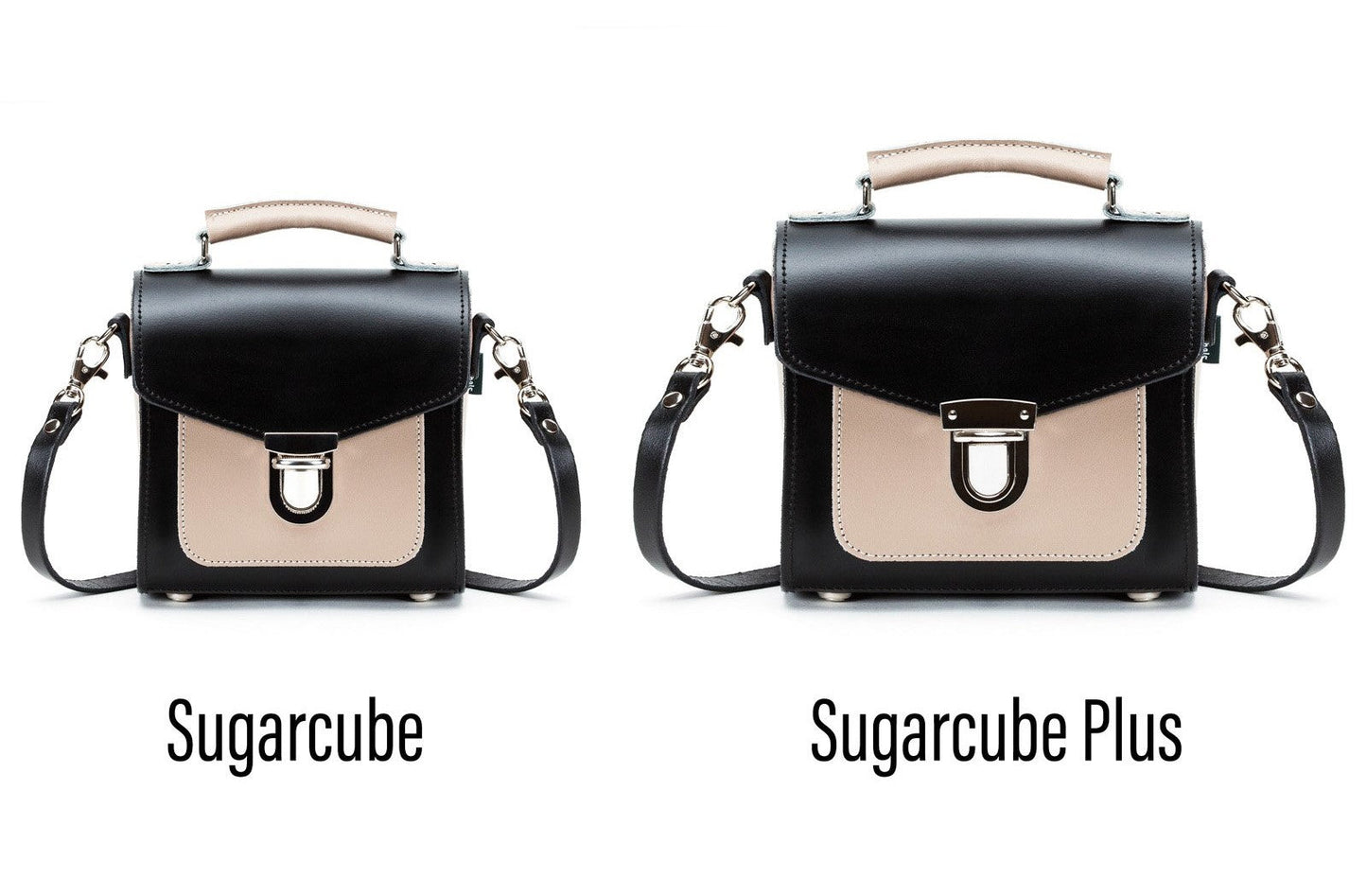 Stylish Handmade Leather Sugarcube Handbag in Cafe Noir, available in multiple sizes, featuring a unique sugarcube shape and sophisticated push-lock closure.