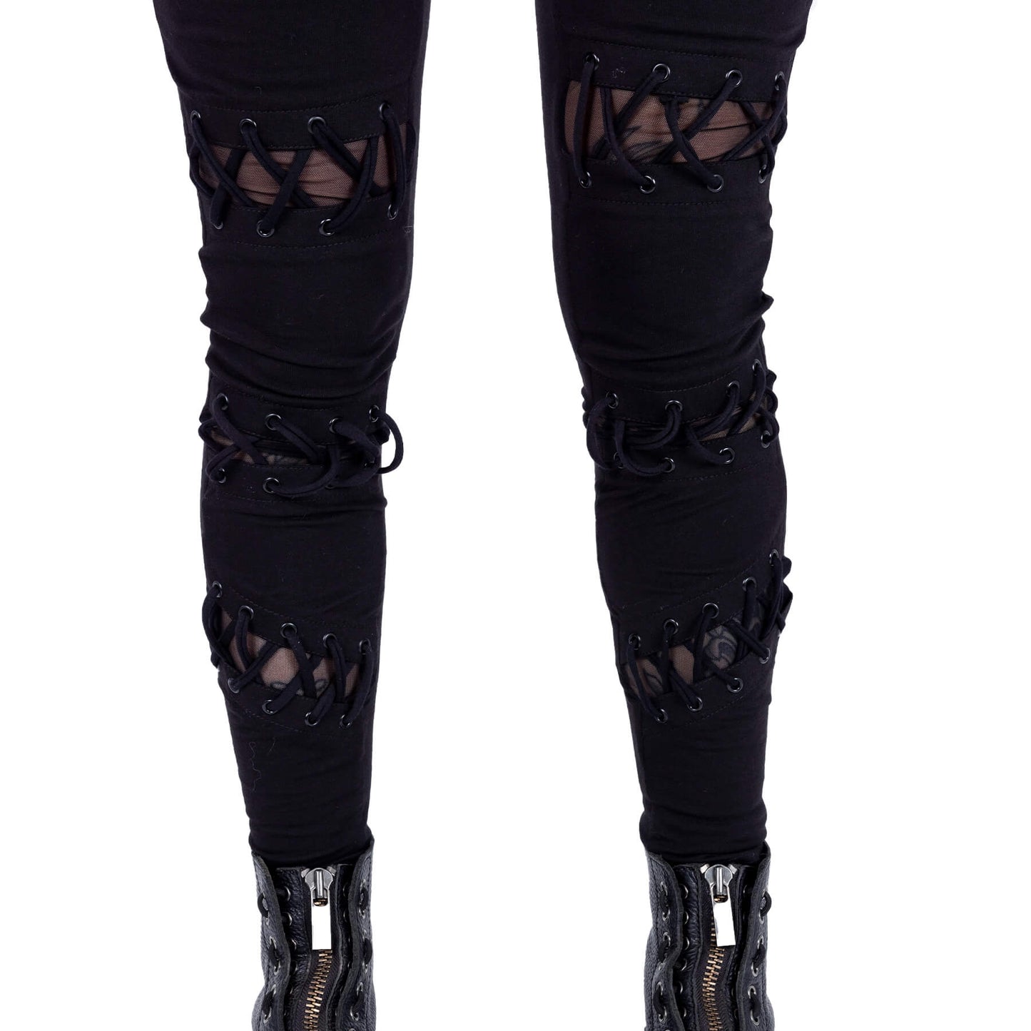 Vixxsin Calais Lace Up Leggings featuring elegant black eyelets and stylish mesh panels, designed for a luxurious silhouette—available in sizes XS to XL.