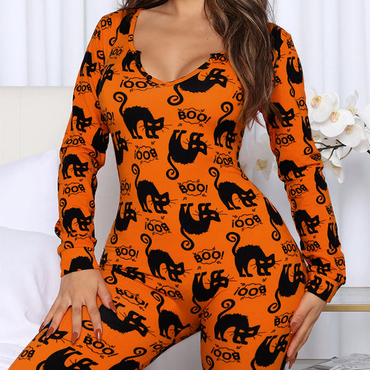 Halloween Printed Jumpsuit featuring an orange fabric with playful black cat designs. Perfect for casual and festive occasions.