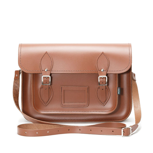 Personalised Handmade Chestnut Leather Satchel featuring sleek silver nickel buckles and options for name engraving.
