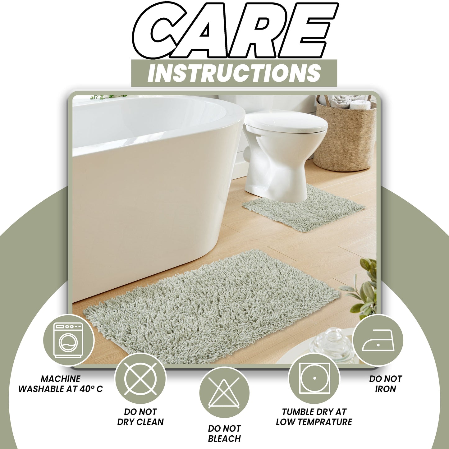 Detailed view of Como Non-Slip Sage Green Bath Mat set, highlighting its premium absorbent cotton material for a hygienic and elegant bathroom experience.