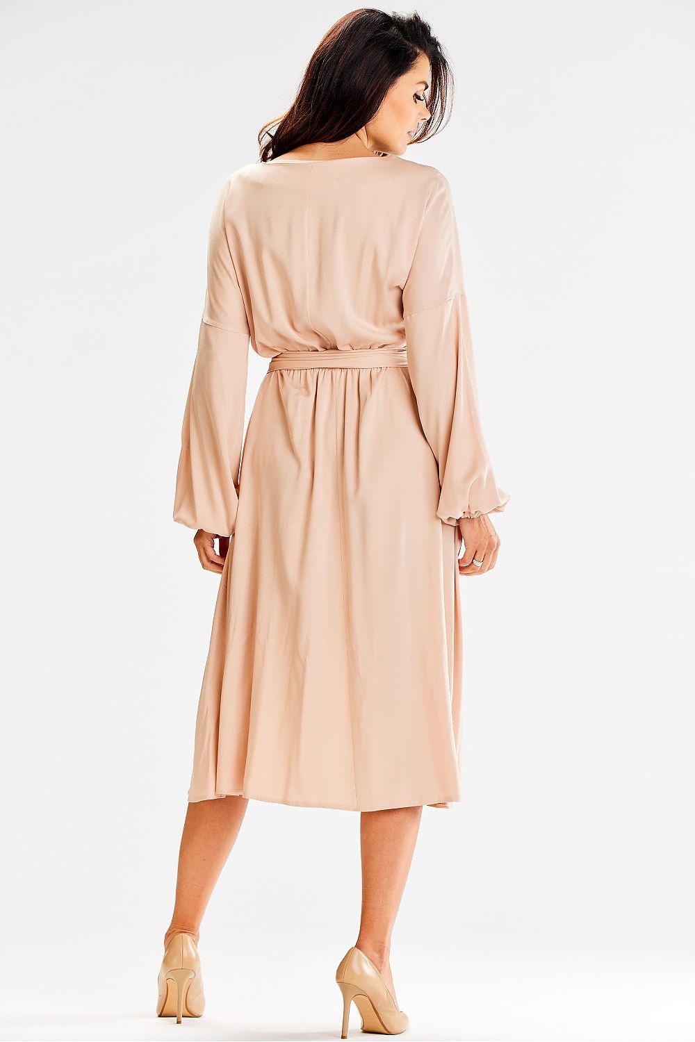 Elegant Flared Daydress by Awama featuring long sleeves and a wide sash, perfect for a luxurious day out. Available in EU sizes S to XL.