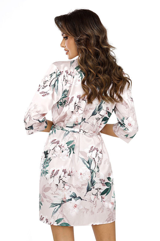 Stylish floral pattern on the Donna Elegant Nelly Satin Bathrobe in powder pink, made of delicate silk satin for a touch of luxury.