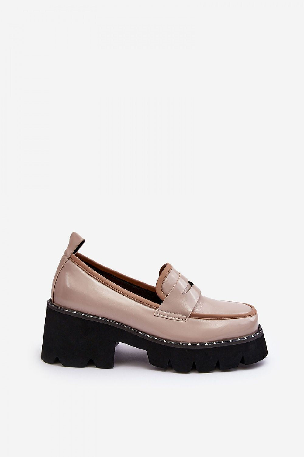 Close-up of Step in Style luxury eco leather moccasins showcasing decorative strap details and platform height, a perfect blend of comfort and style for women's footwear.