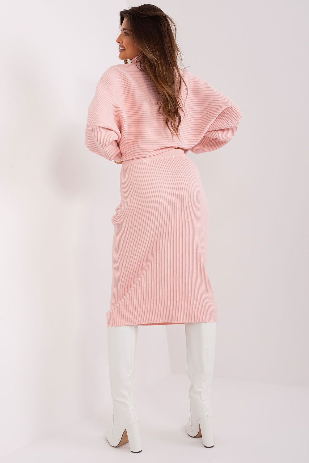 Elegant Ribbed Midi Skirt by AT paired with fashionable footwear, showcasing its classy look for modern women.