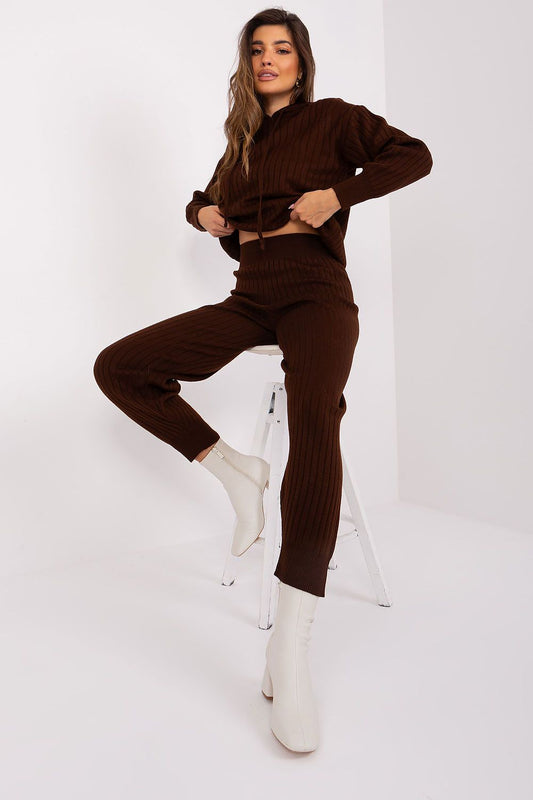 Luxurious Badu casual long sleeve hooded sweater paired with high-waisted pants, showcasing an elegant ribbed pattern for ultimate comfort and style.