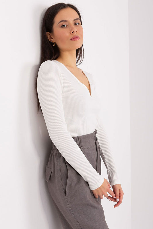 Elegant Cotton Blouse with Heart Neckline and Long Sleeves by BFG - Luxurious casual wear blouse highlighted with a fitted cut and airy cotton fabric.