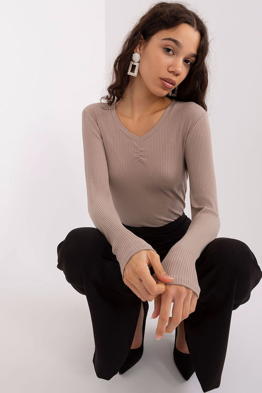 Elegant Heart Neckline Cotton Blouse with Long Sleeves by BFG, highlighting the fitted silhouette and charming details for a stylish casual look.