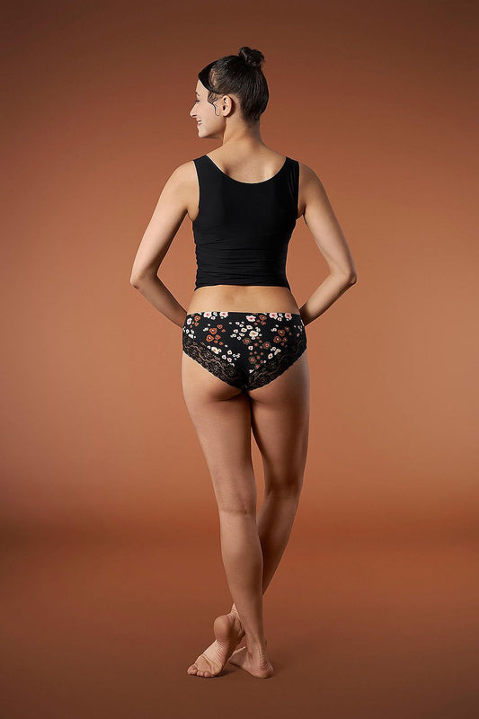 Close-up of Peggy Brown Cheekie women's lace trim panties in a soft cotton blend with a rich floral design, crafted by Julimex for ultimate comfort and style.