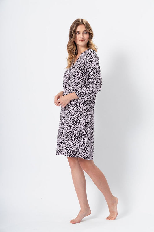 Close-up view of Ewa Women's Cotton Nightshirt, showcasing the elegant leopard print and 7/8 sleeves, designed for a luxurious nighttime experience by M-Max.