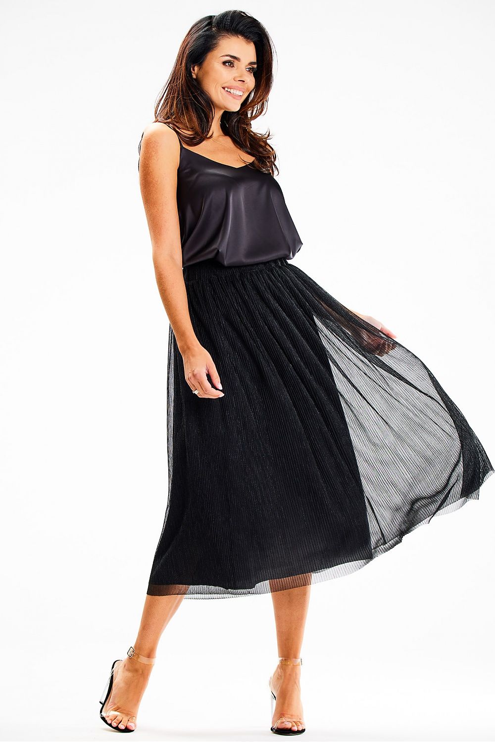 Elegant midi skirt with an elastic waistband, made from shimmering mesh and satin lining by Awama, ideal for stylish and sophisticated occasions.