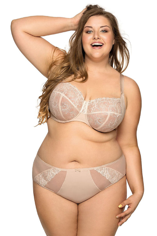 Elegant beige embroidered soft bra designed for fuller figures by Bella Misteria, featuring a triple hook-and-eye closure.