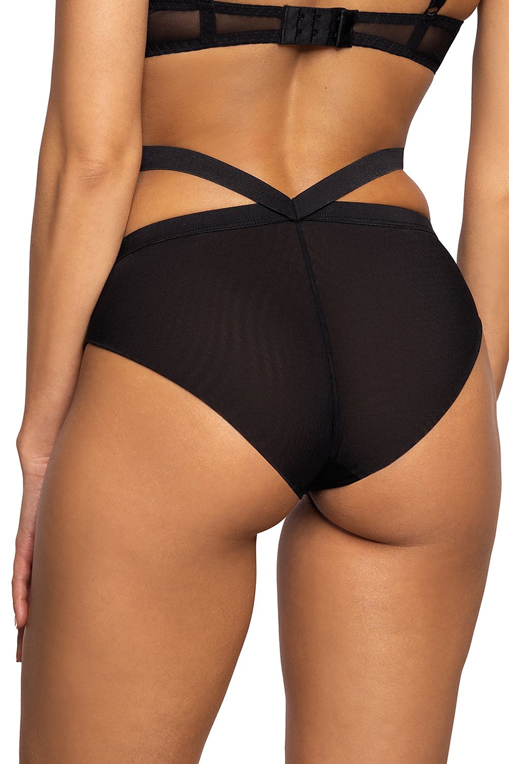 Luxurious Dotssy women's black see-through mesh panties with decorative waist straps, crafted by Mat, showcasing a stylish dotted design for an elegant and seductive appeal.
