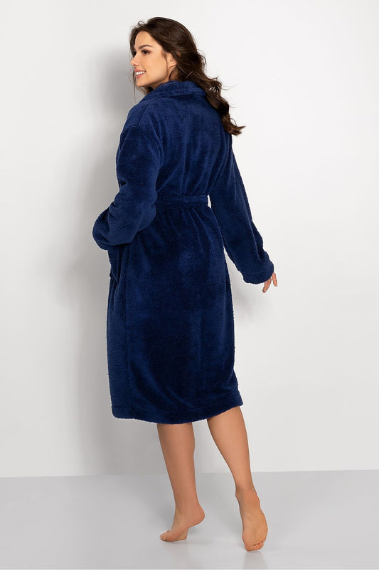 Momenti Per Me luxury women's bathrobe with an elegant collar, cuffs, and practical pockets, perfect for stylish homewear and relaxation.