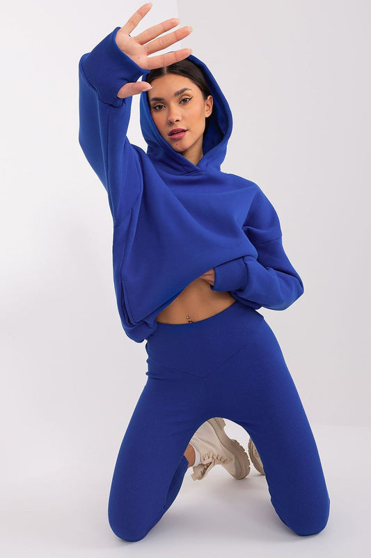 Luxury women's cotton-spandex set by Relevance featuring a stylish sweatshirt with hood and ribbed hem, perfect for casual comfort.