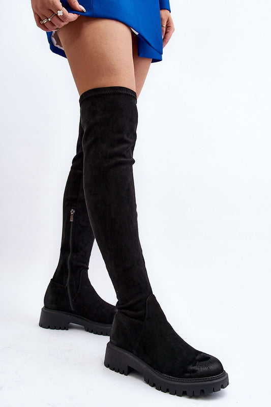 Luxurious women's thigh-high eco-suede boots by Step in Style, featuring a flat heel and zipper closure, perfect for elegant outfits.