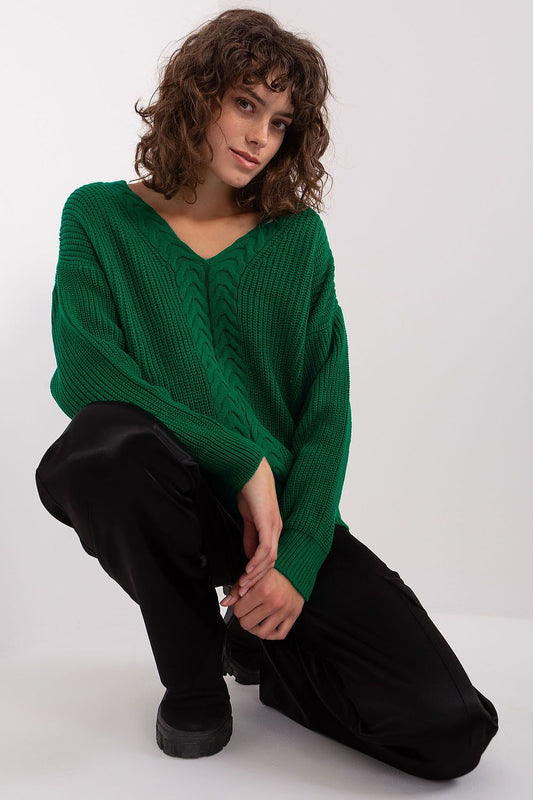 Badu's stylish long sleeve woman's jumper with a sophisticated V neckline, showcasing a unique varied texture for a refined look.