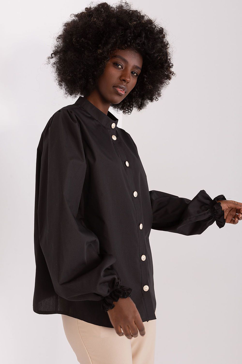 Full view of the Lakerta long sleeve women's shirt, showcasing the intricate frilled sleeves and stand-up collar, ideal for versatile occasions.