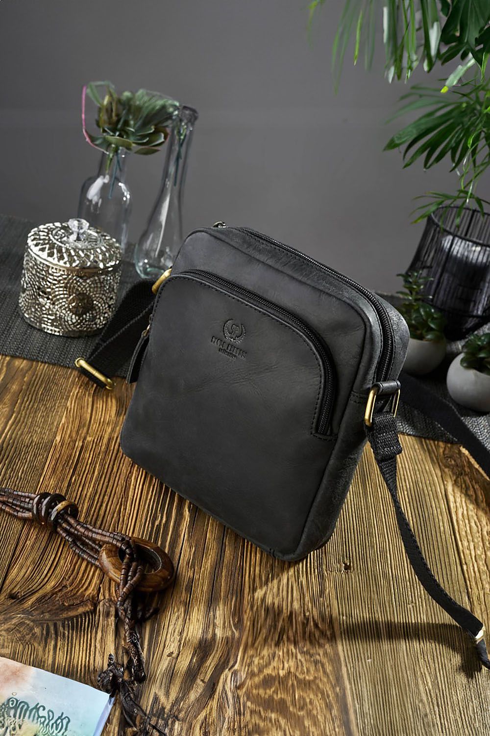 Brown natural leather shoulder bag T-63-HBR by Galanter, showcasing its unique character and luxurious craftsmanship with aged patina.