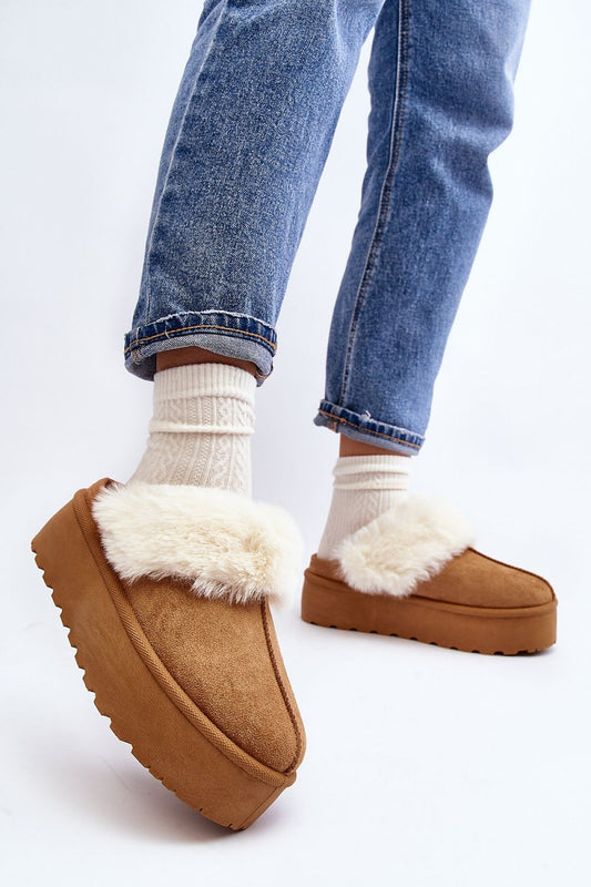 Stylish eco-suede slippers featuring a plush fur lining and elevated platform, perfect for chilly days, crafted by Step in Style.
