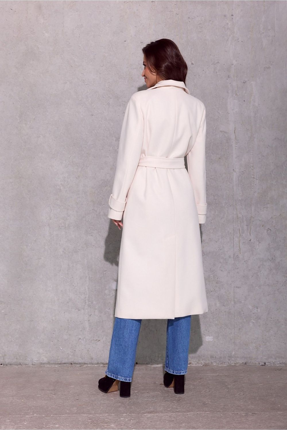 Luxury Vivienne Midi Insulated Coat by Roco Fashion, featuring a stylish waist tie, elegant decorative pockets, and chic cuff details, perfect for sophisticated winter styling.